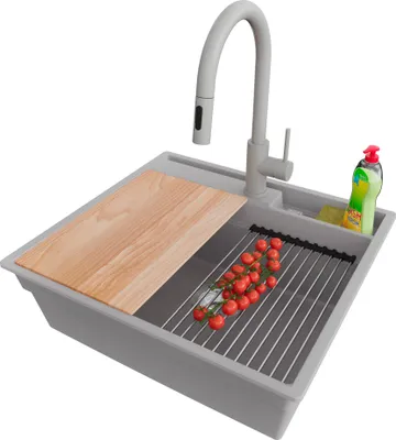 Produktbild von PRIMAGRAN Granitspüle Grau 58x53cm, Spülbecken 1 Becken + Küchenarmatur 40x20cm + Ablauf-Set + Küchenzubehörset, Küchenspüle ab 60er Unterschrank - Oslo Pocket