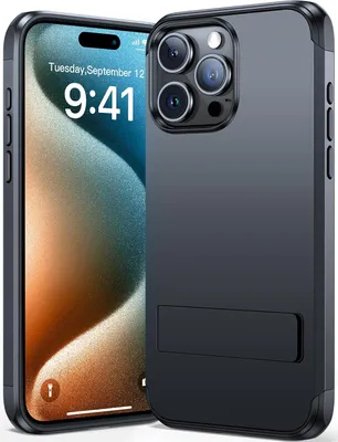 Image de Coque renforcée pour Apple iPhone 15 Pro, couleur noire, finition mate, avec support intégré