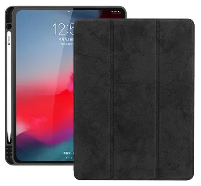 Produktbild von Mobigear Dreifach-Faltetui für iPad Pro 12,9 Zoll (2018), aus TPU und Kunstleder, Klapphülle mit Stifthalter - Schwarz