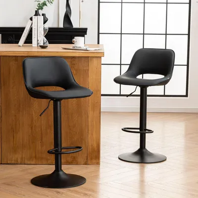 Image de Ensemble de 2 tabourets de bar, réglables en hauteur, avec dossier, de couleur noire