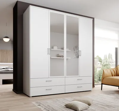 Produktbild von Kleiderschrank "Spazio" in Weiß mit 4 Schubladen und 4 Türen. Abmessungen (BxHxT) 183,1x198,6x48 cm