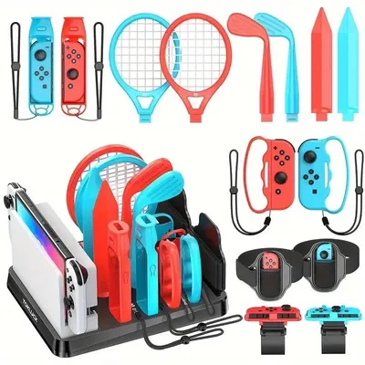 A collage of accessories for the Nintendo Switch, including game controllers, tennis rackets, golf clubs, and a charging stand.