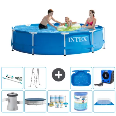 Produktbild von Intex Rundrahmen-Schwimmbecken – 305 x 76 cm – Blau – inklusive Pumpe Abdeckung - Wartungspaket - Filter - Bodenplane - Staubsauger - Leiter
