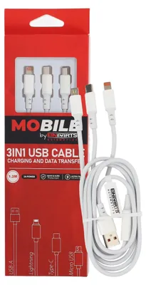 Productafbeelding van Eenmanskabel 3W1, 12 meter, 3A, met USB-C, Micro USB en Lightning connectoren, met metalen stekkers