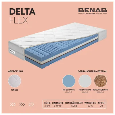 Produktbild von Kaltschaummatratze Benab Delta Flex Matratze 80 x 195 cm H3 / H4 hart 21 cm hohe Kaltschaummatratzen, Lyocell, Kokosnuss, HR, Profilierung, Anti-dekubitus, Partnermatratze