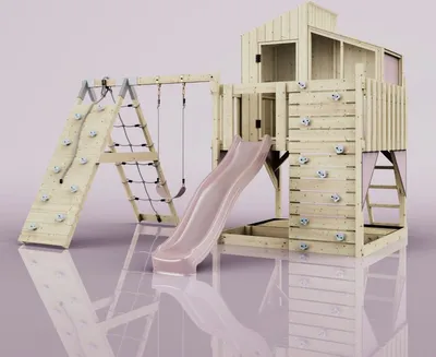 Produktbild von OutdoorToys Outdoor Spielturm mit Wellenrutsche, Spielhaus aus Holz mit Kinderschaukel, Kletterwand, Kletternetz, Ausführung: Kinderschaukel, Farbe: Altrosa, mit Kinderschaukel