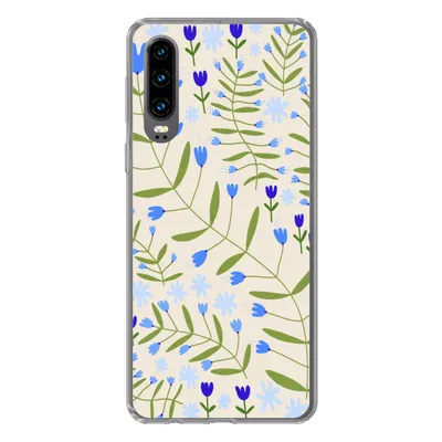 Produktbild von MuchoWow® Handyhülle Schutzhülle Hülle für Huawei P30 Blume - Blätter - Blau Silikon Softcase Handy Hülle - Kartenbesitzer