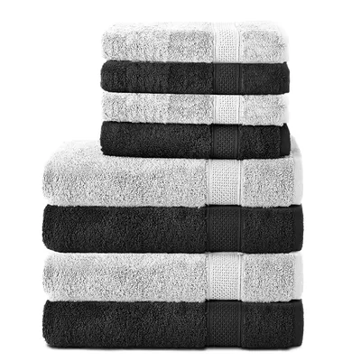 Produktbild von Komfortec 8er Handtuch Set aus 100% Baumwolle, 4 Badetücher 70x140 und 4 Handtücher 50x100 cm, Frottee , Weich,Groß, Schwarz/Weiß
