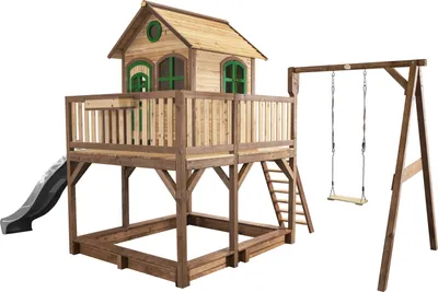 Produktbild von AXI Spielhaus Liam mit Sandkasten, Schaukel & grauer Rutsche | Stelzenhaus XXL in Braun & Grün aus Holz für Kinder | Spielturm mit Wellenrutsche für den Garten