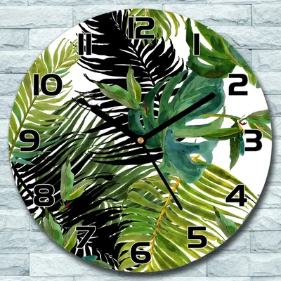 Produktbild von Wanduhr aus Glas Rund fi 30 Exotische Blätter Quarz Deko Wohnzimmer Büro