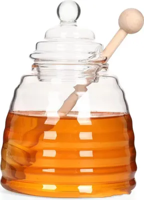 Produktbild von 450ml Glas Honigtopf mit Honigbehälter und Honig Löffel, Transparentes Glas Honigglas mit Deckel, Honiggläser Zum Servieren von Honig und Sirup