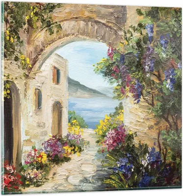 Produktbild von Bilder auf glas - Einteilig - Haus Santorini Blumen - 60x60cm - Glasbilder - Wandbilder - Bilder - zum Aufhängen bereit - Wanddekoration aus Glas - Glas Bilder - Wandbild auf Glas - GAC60x60-4191