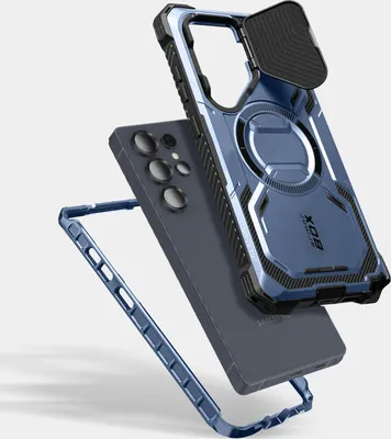 A disassembled phone case with a phone.
