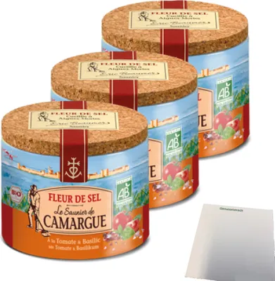 Produktbild von Le Saunier de Camargue Fleur de Sel mit Tomate Basilikum 3er Pack (3x125g Dose) + usy Block
