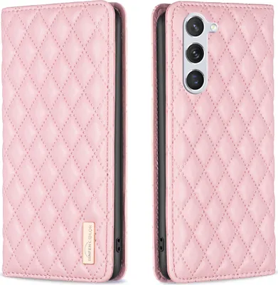 A pink quilted flip-style phone case for a Samsung Galaxy S23, shown from the front and back.