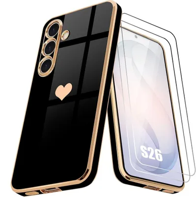 Image de Coque + 2 Verres Trempés pour Samsung Galaxy S26, Protection Silicone Motif Cœur Anti-Rayure Ultra Slim Souple Noir