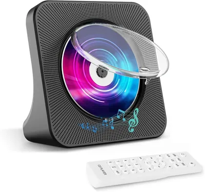 Produktbild von Desktop-Bluetooth-CD-Player, zwei Lautsprecher, Timer, AUX/USB, FM, Kopfhörer, Bluetooth, LCD-Bildschirm.