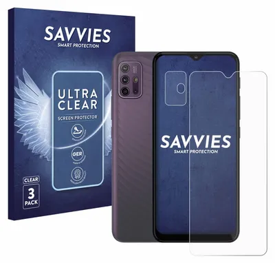 A product shot of a phone screen protector packaging and a phone.