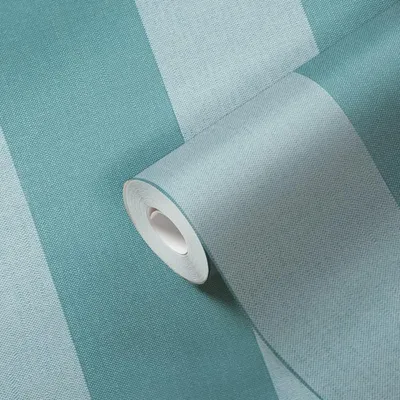 A roll of wallpaper with a striped pattern in shades of teal and light blue, showing a close-up view of the texture and the rolled edge.