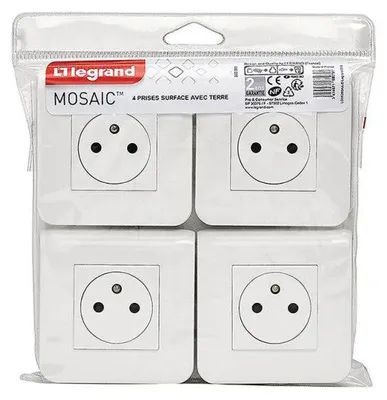 Image de Lot de 4 prises de courant Surface Mosaic blanc complet avec plaque LEGRAND
