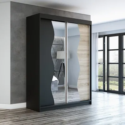 Produktbild von Schwebetürenschrank, 2-türig Schrank mit Spiegel! Moderne Garderobe für Kleidung. Verschiedene Farben (Weiß, Schwarz, Somona) Kleiderschrank RIMA 160  cm