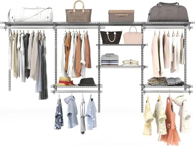 Produktbild von Offener Kleiderschrank - Wandmontiertes Kleiderstangen- und Regal-Set - Edelstahl - Modulares DIY-System - Platzsparend - Grau