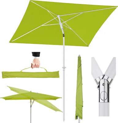 A collection of images showing a green rectangular umbrella in various states and components.