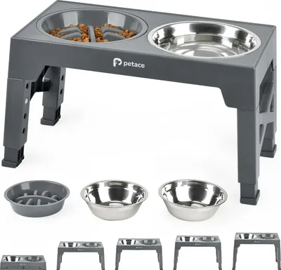 Produktbild von Famanu Futterstation mit 5 verstellbaren Höhen - Anti-Schling-Futterstation mit Edelstahl-Schüssel, grau