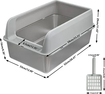 Zdjęcie produktu dla Kuweta dla kota ze stali nierdzewnej - Kuweta dla kota - Wysoki rant - Półotwarta - Łatwa do czyszczenia - Z łopatką - Dla kotów małych i średnich - Szara