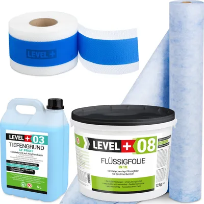 Obrázek produktu pro Hydroizolační sada Tekutá fólie 12 kg Těsnicí páska 5mb Rohož 2mb Podkladový nátěr Koupelnová sprcha - LEVEL+ SET310