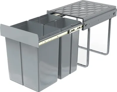 A gray pull-out trash can system with three compartments, shown extended from a cabinet.