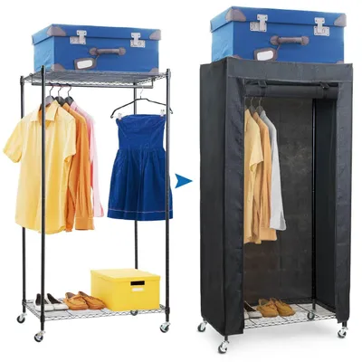 Image de Armoire mobile sur roulettes - 2 étagères et porte-vêtements - Noir