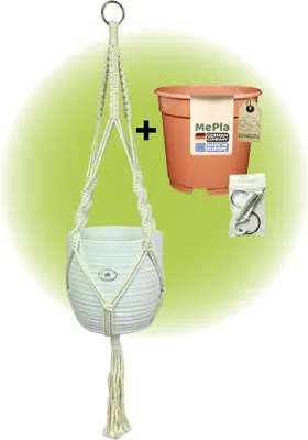 Produktbild von MePla - Set - Ampel Makramee Naturbeige - Bergamo ø19 Weiss + Kulturtopf ø18 + Beipack-Set 21550-001