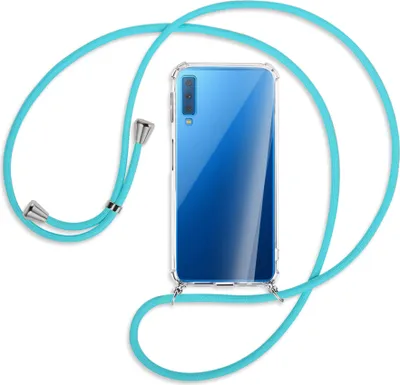 Produktbild von Handykette Backcover-Schutzhülle mit Band (Metall silberfarben) für Samsung Galaxy A7 2018 - türkis