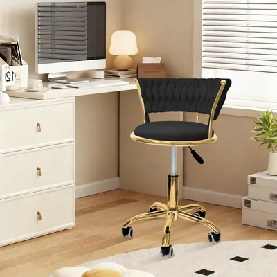 Produktbild von 1x Klein Schminkstuhl mit Samtbezug,Schreibtischstuhl Drehstuhl mit Rollen, Höhenverstellbar Homeoffice Stuhl,Drehbar Bürosessel Polsterstuhl