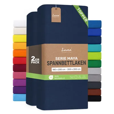 Produktbild von Lavea® 2er Pack Topper Spannbettlaken 180/200x200 cm, Bettlaken aus 100% Baumwolle Jersey – Für Topper bis 10 cm Höhe – Weich, Galaxyblau