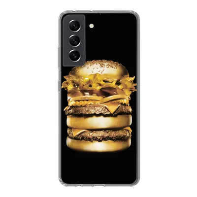 Produktbild von MuchoWow® Handyhülle Schutzhülle Hülle für Samsung Galaxy S21 FE Goldener Hamburger auf schwarzem Hintergrund. Silikon Softcase Handy Hülle - Mobiltelefonhülle
