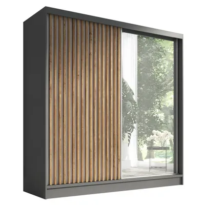 Produktbild von Schwebetürenschrank, 2-türig Schrank mit Spiegel und 3D-Lamellen Premum LINA 200 cm (Graphit)