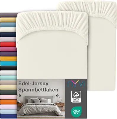 Produktbild von Edel Jersey Spannbettlaken Deluxe für Matratzen bis 25 cm Steghöhe - 100% Baumwolle supergekämmt, 140g/m², Rundumgummizug, Farbe:Creme, Größe:90-100 x 200 cm (2er Set)