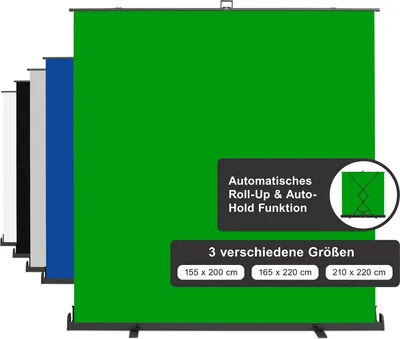 Produktbild von Walimex pro Roll-up Panel Hintergrund grün 210 x 220 cm, Greenscreen Fotohintergrund mit Transportbox, Hintergrundsystem für Fotostudio, knitterfreie Fotoleinwand ideal für Chromakeying