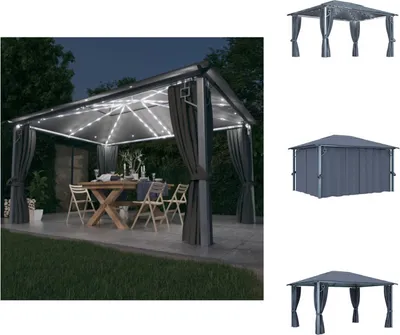 A gazebo set up for an outdoor dinner party at night, with lights and curtains.