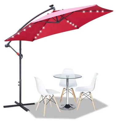 Image de Parasol de jardin, diamètre 300 cm, parasol à manivelle, protection UV, imperméable, avec éclairage LED, couleurs : beige, rouge