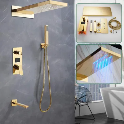 A collage of images showing a gold shower fixture set, including a showerhead, handheld shower, faucet, and control panel, along with a close-up of the showerhead with colored lights and a separate image of the components laid out.