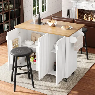 Immagine prodotto di Isola da cucina di 130x45(75)x92 cm, utilizzabile anche come carrello da cucina, con finitura effetto legno, portasciugamani, ripiano per spezie, divisori regolabili e 3 ante, tutto in bianco