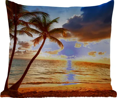 Produktbild von MuchoWow® Outdoor Kissen - Strand - Horizont - Sonnenuntergang - Palme - Meer - 50x50 cm - Wetterfest - Lounge Kissen - Komfortabel - Kissen mit Bild