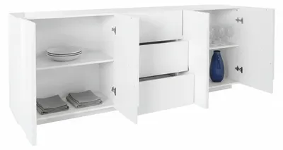 Produktbild von Kommode Dgut, Küchen-Sideboard mit 4 Türen und 3 Schubladen, Wohnzimmer-Buffet, 100 %  Italy, cm 224x44h86, glänzend weiß