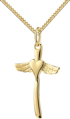 Produktbild von Kreuz Anhänger Gold 585 mit Herz und Engelsflügel . Mit Kette 50 cm