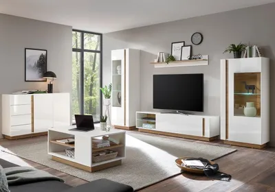 Produktbild von Wohnzimmer-Wohnwand-Set in weiß Glanz mit Grandson Oak Eiche Nb. CELLE-61 mit Sideboard und Couchtisch, B/H/T ca. 340/194/40 cm