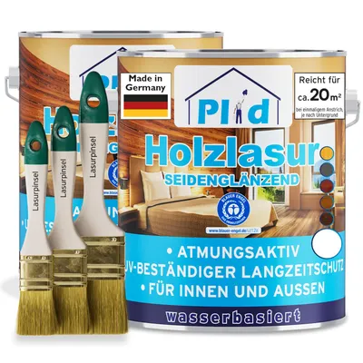 Produktbild von Plid Holzlasur Innen & Aussen Weiß 1,5L+ Lasurpinselset 3 tlg. / Holzschutzlasur Außen mit UV beständigem Langzeitschutz - Grundierung Holz