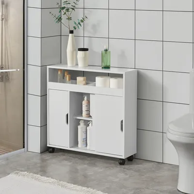 Produktbild von Kúpeľňová skrinka Lumijoki Komoda biela s posuvnými dverami Kúpeľňová skrinka Viacúčelová skrinka Skrinka do výklenku s kolieskami